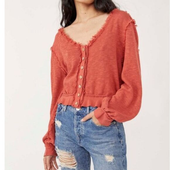 Free People Golden Road Cropped Cardigan Terracotta Dark Coral Size XS - Picture 1 of 16